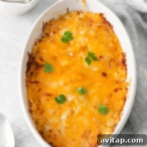 A close-up of a serving of cheesy potato casserole with a spoon, highlighting its creamy texture and melted cheese.