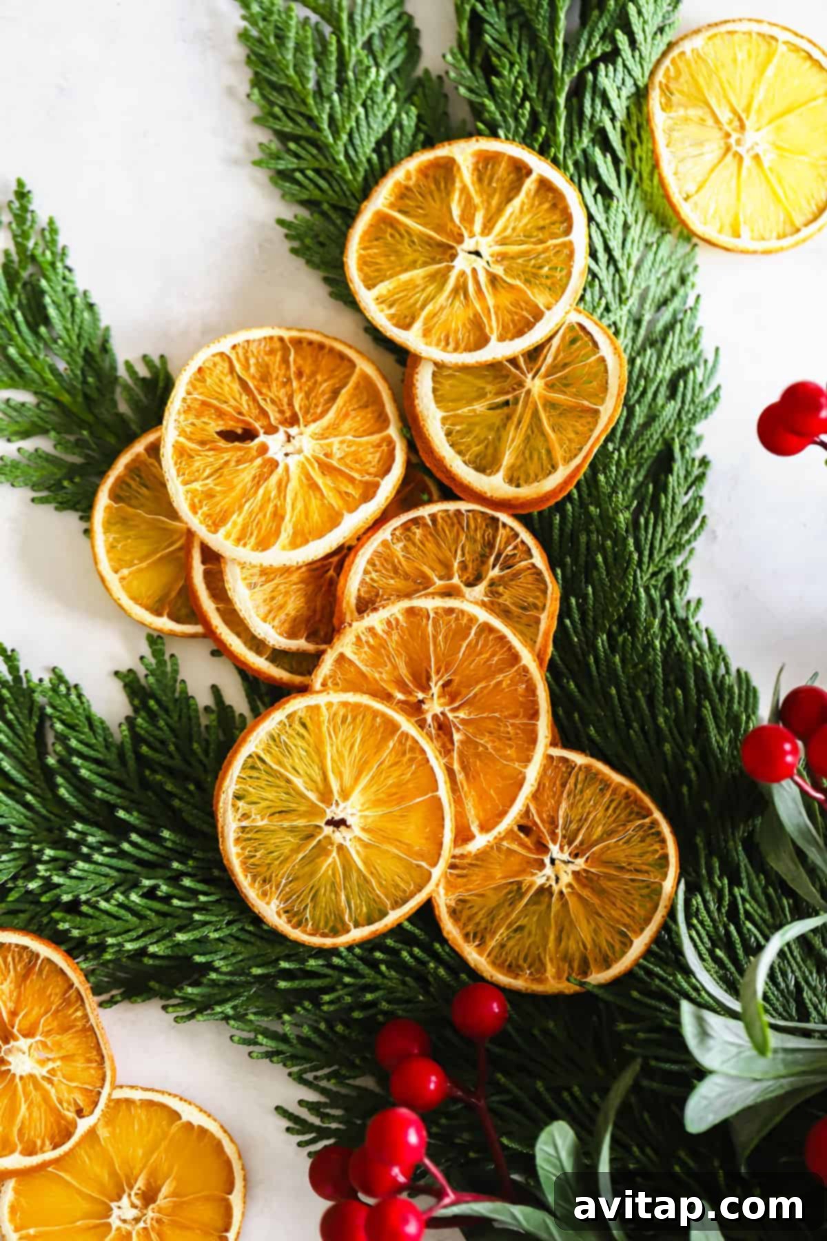Dried Orange Garland: The Perfect DIY Holiday Decor Idea to Add Color and Cheer Dried oranges on green garland, a perfect DIY holiday decoration