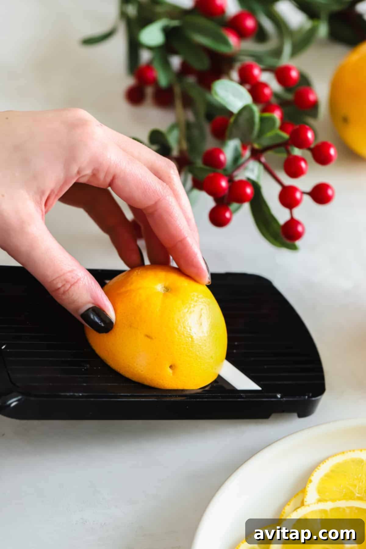 Dried Orange Garland: A Fun DIY Holiday Decoration Requiring Just One Ingredient - Oranges! Slicing an orange with a mandoline for dried orange garland