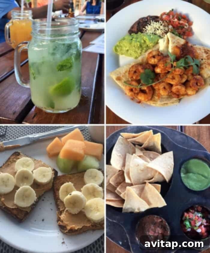 A delicious spread of Mexican food, including guacamole, reflecting healthy eating choices at the resort.