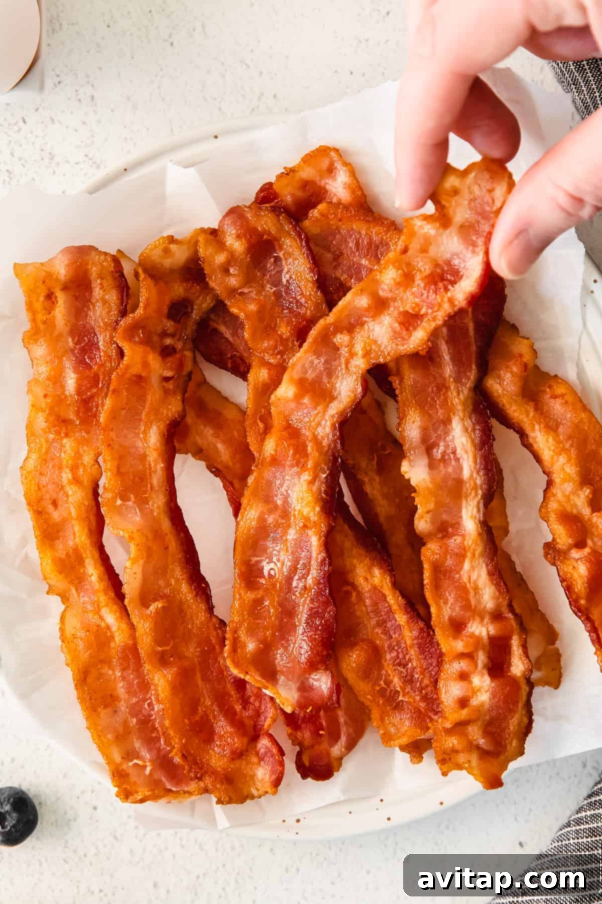 A plate of perfectly cooked, crispy bacon slices ready to be served