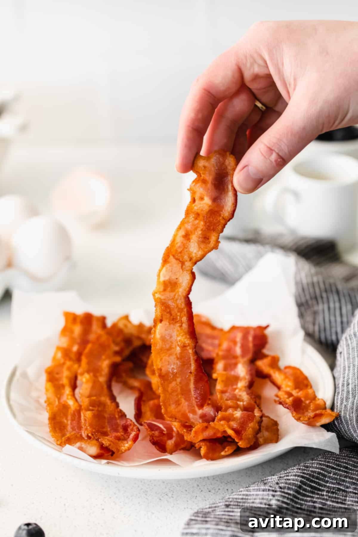 A large pile of curly, crispy bacon pieces on a plate, ideal for serving many