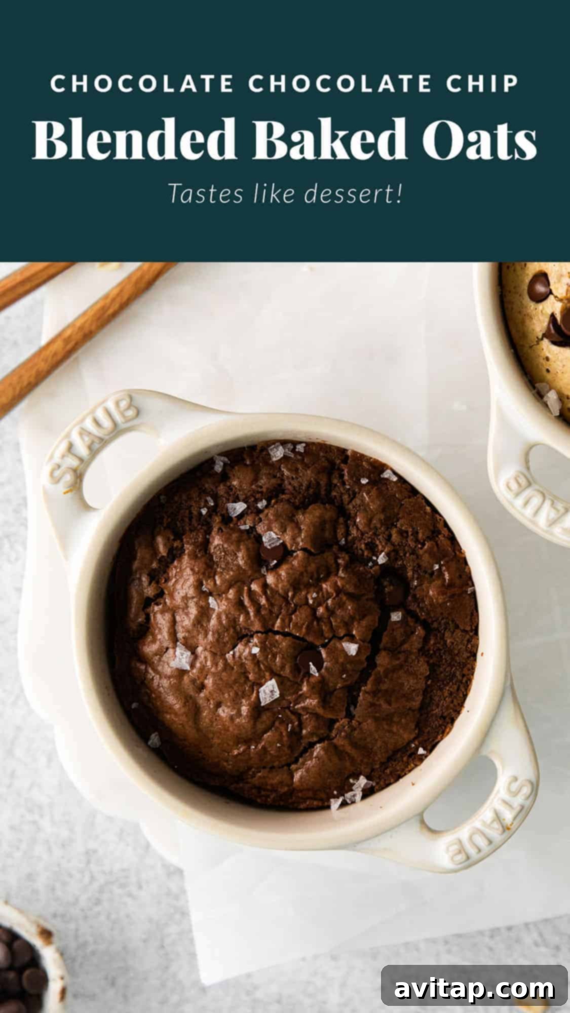 Decadent Chocolate Chocolate Chip Blended Baked Oats A close-up of baked blended oatmeal, highlighting its inviting, fluffy texture and rich chocolate color.