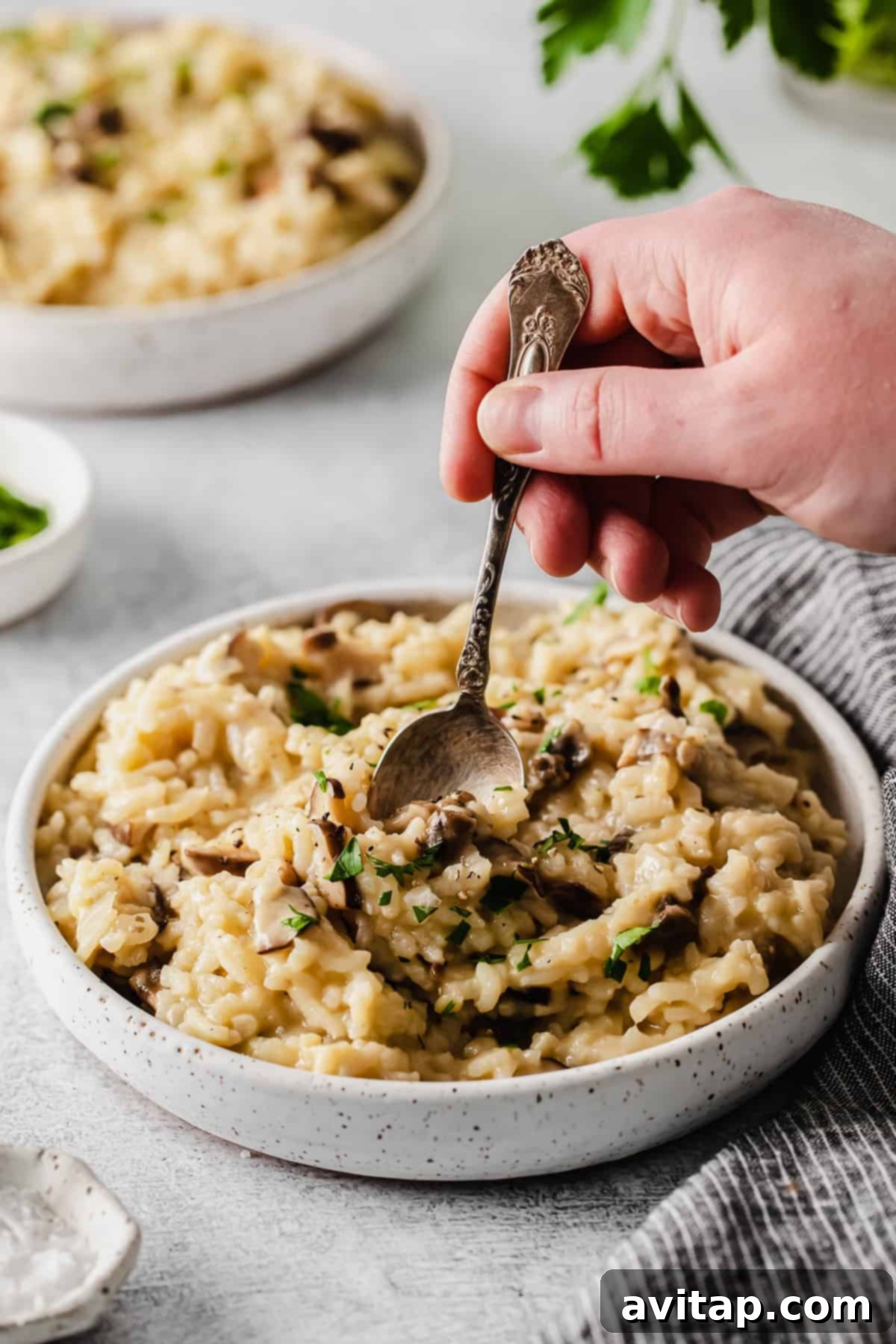 Effortless Creamy Mushroom Risotto 6 Instant Pot mushroom risotto served as a main dish with a fork, highlighting its creamy texture.