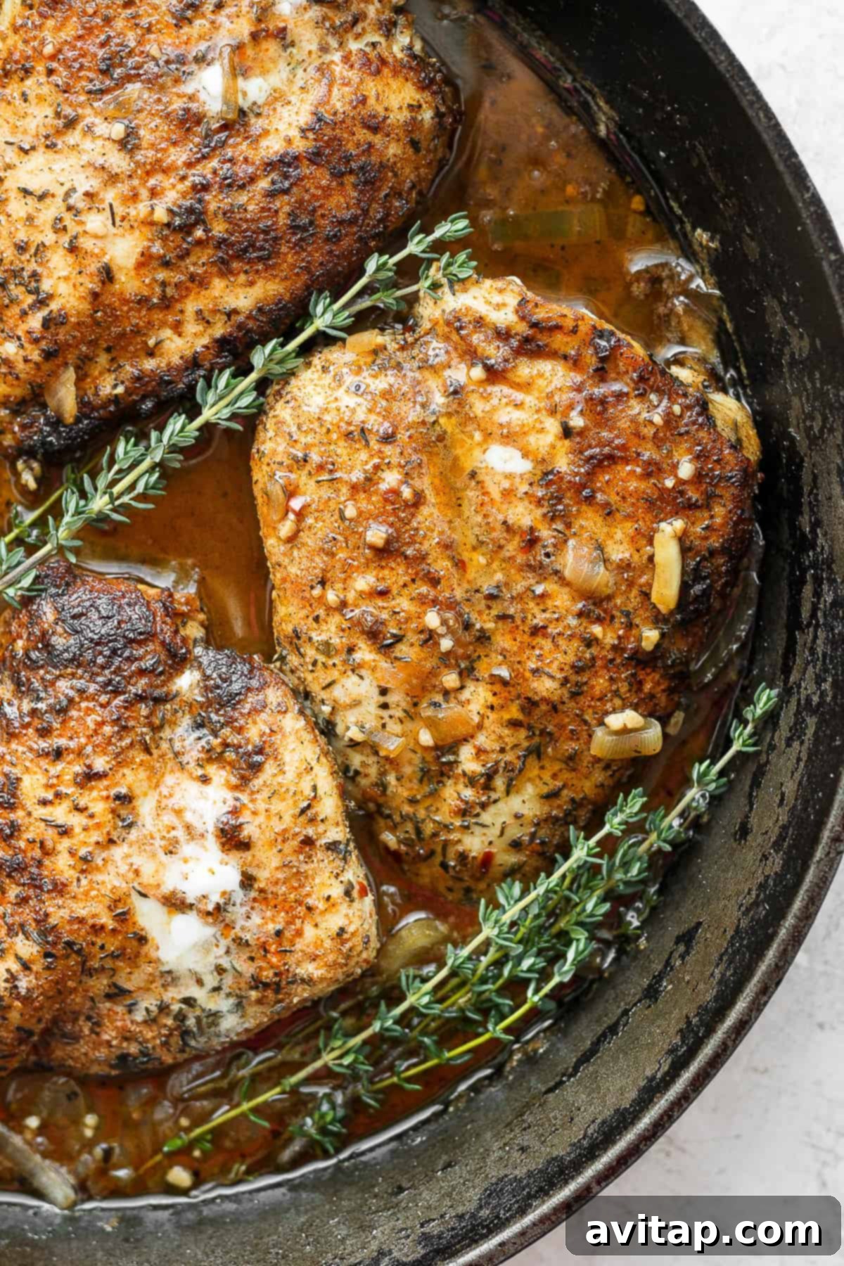 Golden-brown garlic butter chicken in a cast iron skillet, garnished with fresh herbs.