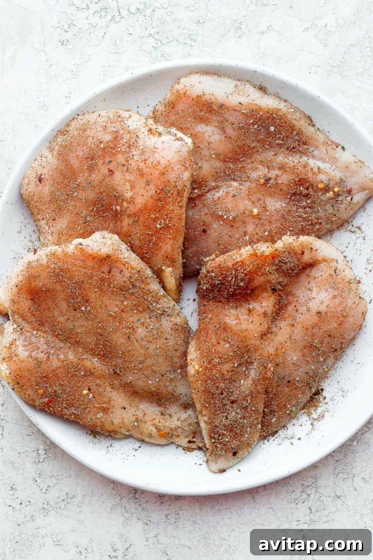 Chicken breasts seasoned with a dry rub on a plate, ready for cooking.