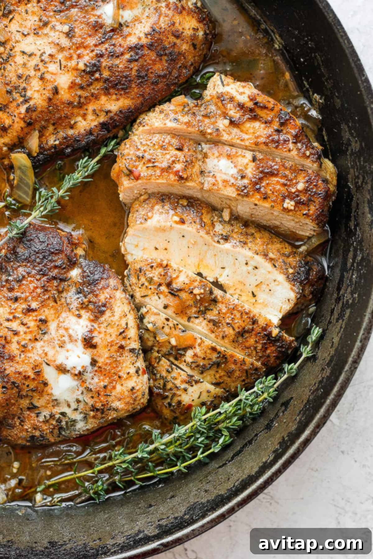 Sliced garlic butter chicken in a cast iron skillet, showcasing its tender texture.