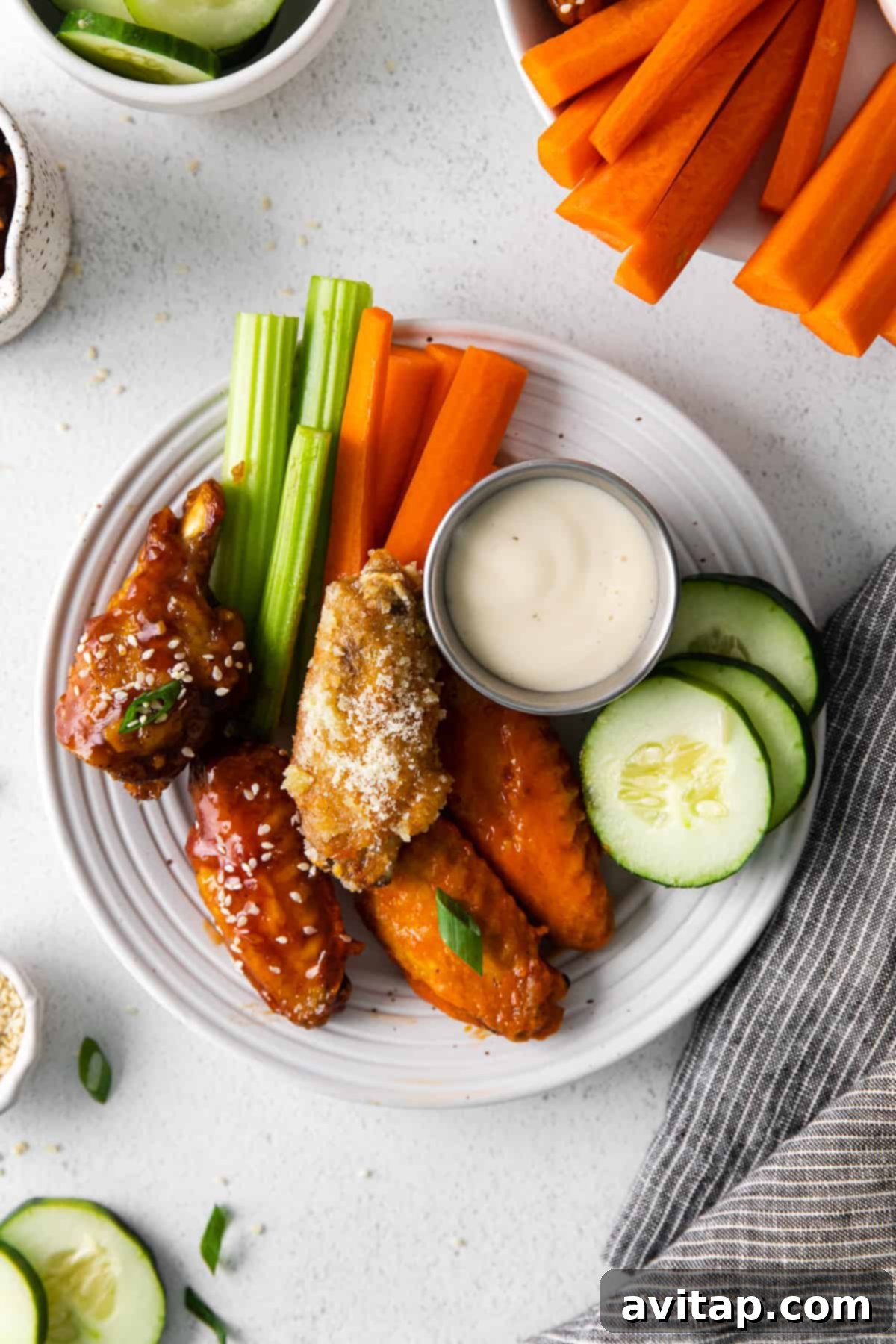 Chicken wings on plate with vegetables. 