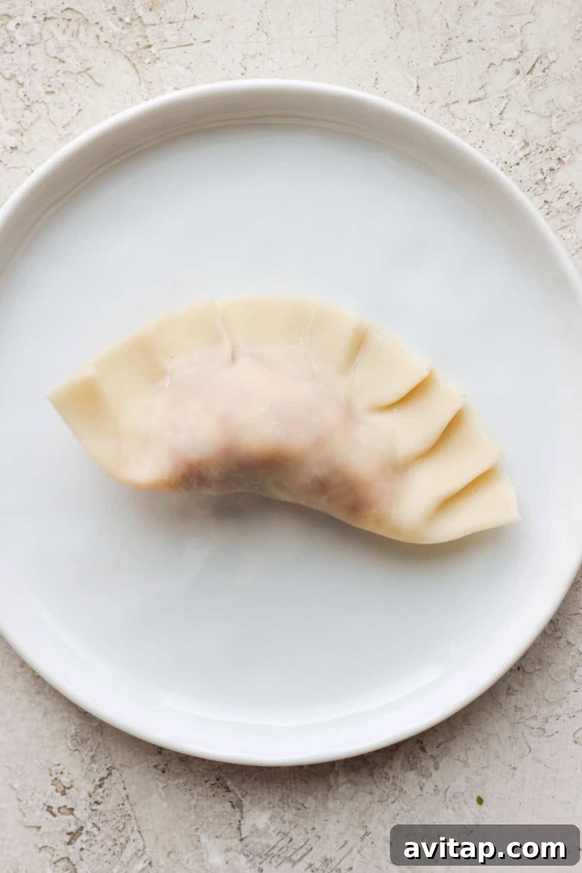 These homemade pork dumplings are packed with savory umami flavors. Make a batch and serve with our amazing sweet dipping sauce that perfectly complements the dumplings. A perfectly cooked, pan-fried pork dumpling resting on a white plate
