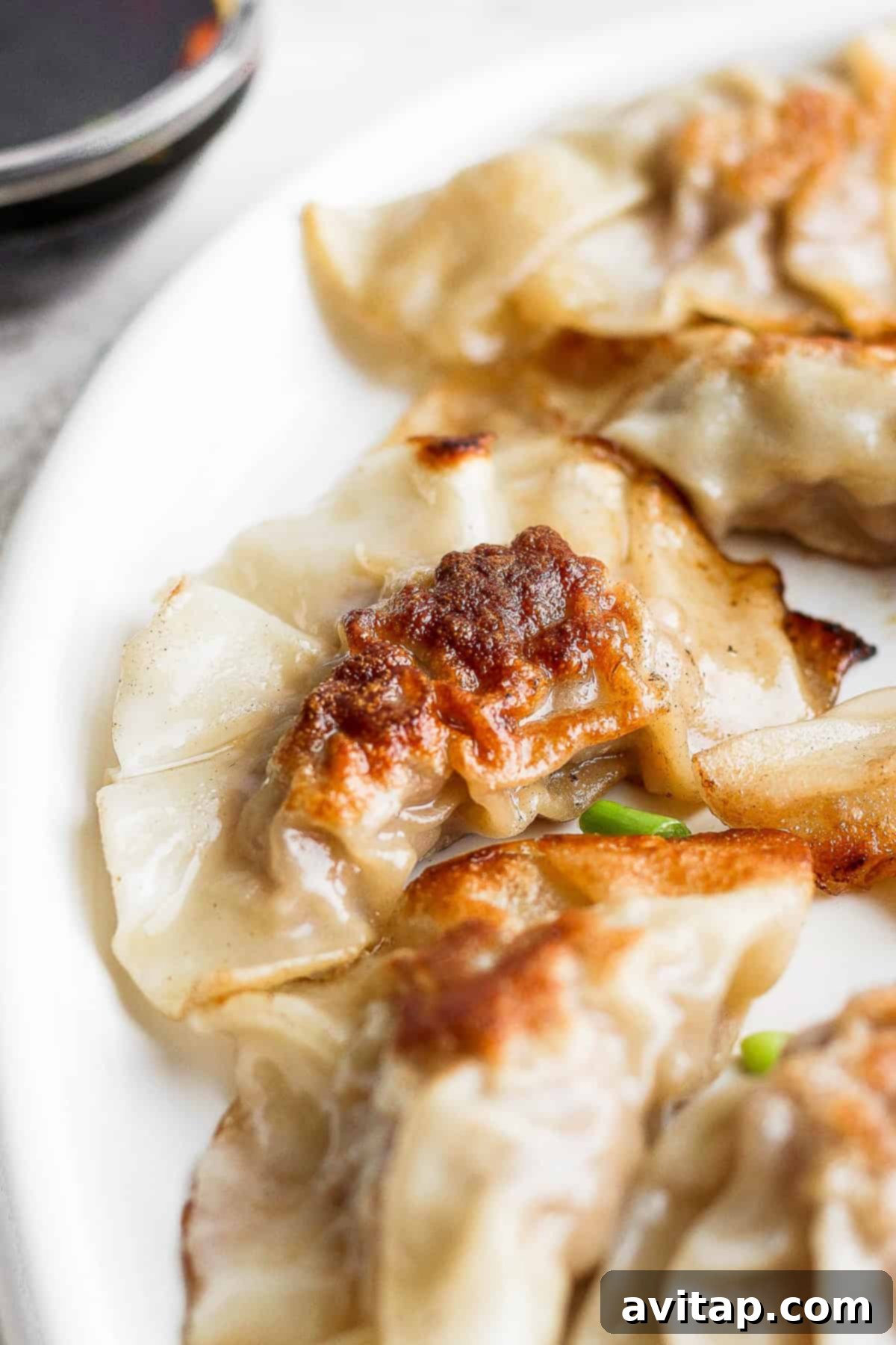 These homemade pork dumplings are packed with savory umami flavors. Make a batch and serve with our amazing sweet dipping sauce that perfectly complements the dumplings. A single, perfectly pan-fried pork dumpling garnished with green onion, ready to be eaten