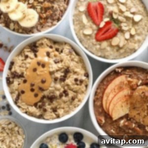 Three bowls of delicious oatmeal, garnished with fresh fruit and nuts, highlighting healthy breakfast options.