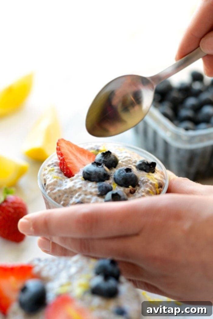 Two jars of creamy blueberry chia seed pudding topped with fresh blueberries, ready to eat.