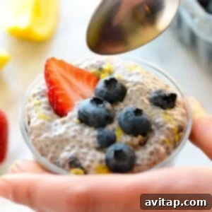 A delicious serving of blueberry chia seed pudding, garnished with fresh berries.