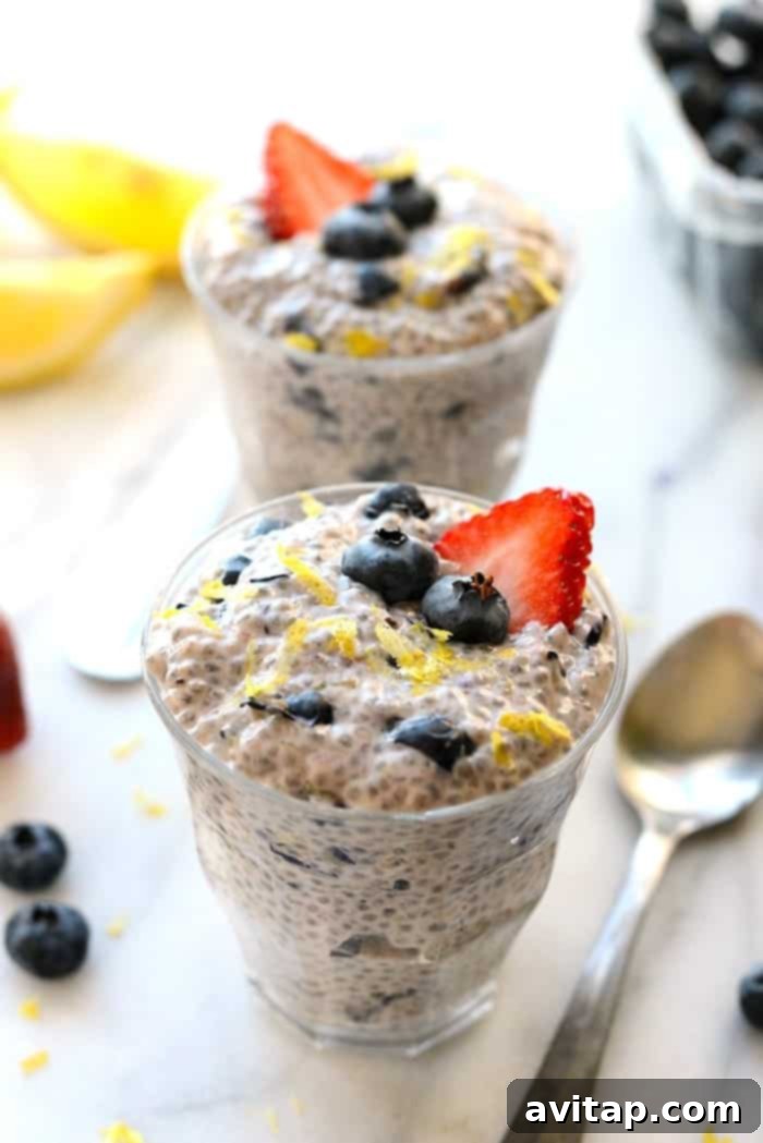Two beautifully layered glass jars of blueberry chia seed pudding, ready for serving.