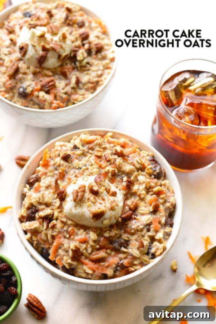 No-Bake Carrot Cake Oats 2 A vibrant bowl of carrot cake overnight oats, rich with shredded carrots, spices, and a creamy topping. This image highlights a delicious and healthy breakfast option that feels like a dessert, perfect for a quick and nutritious start to the day.