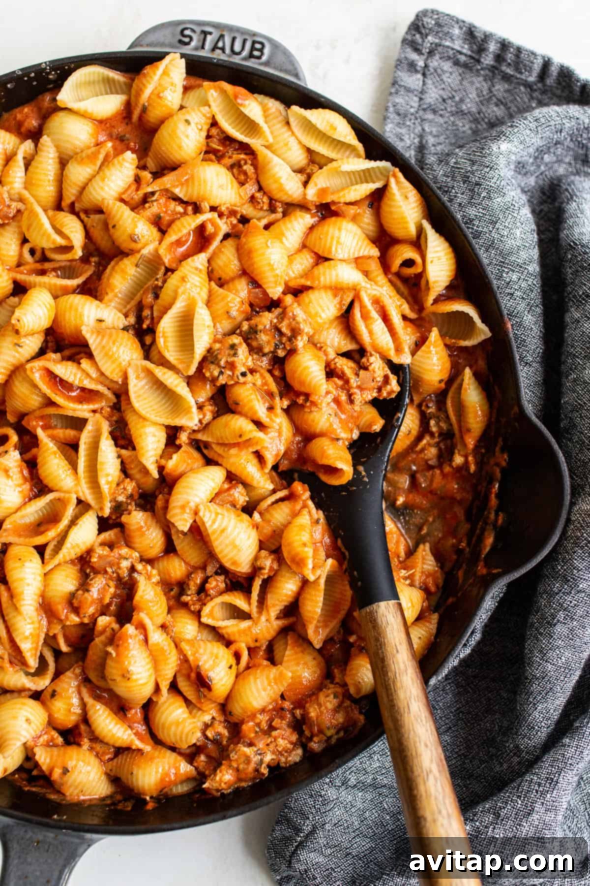 Ground Turkey Pasta Ready to Serve Close-up of pasta shells tossed in ground turkey sauce.