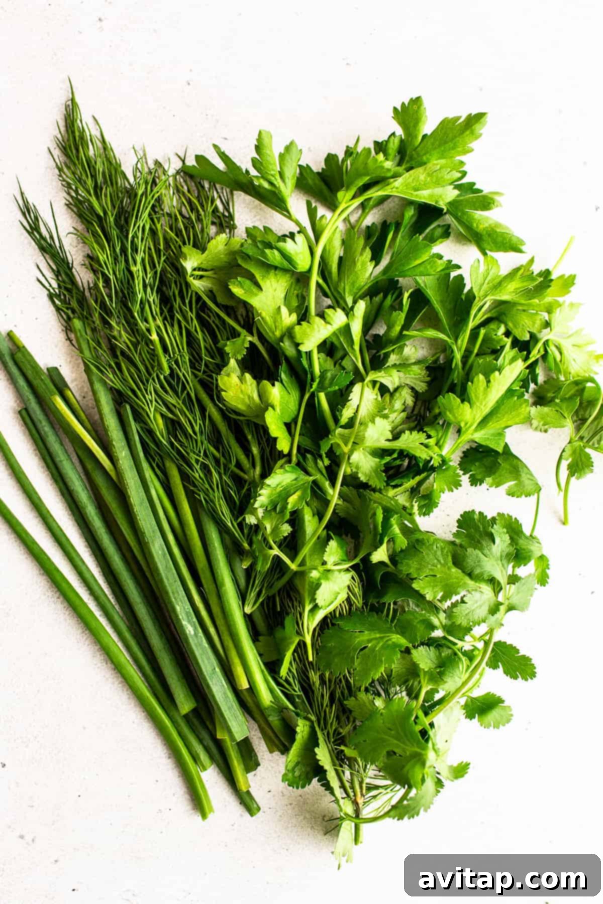 Assortment of vibrant fresh herbs including cilantro, parsley, chives, and dill on a rustic wooden board.