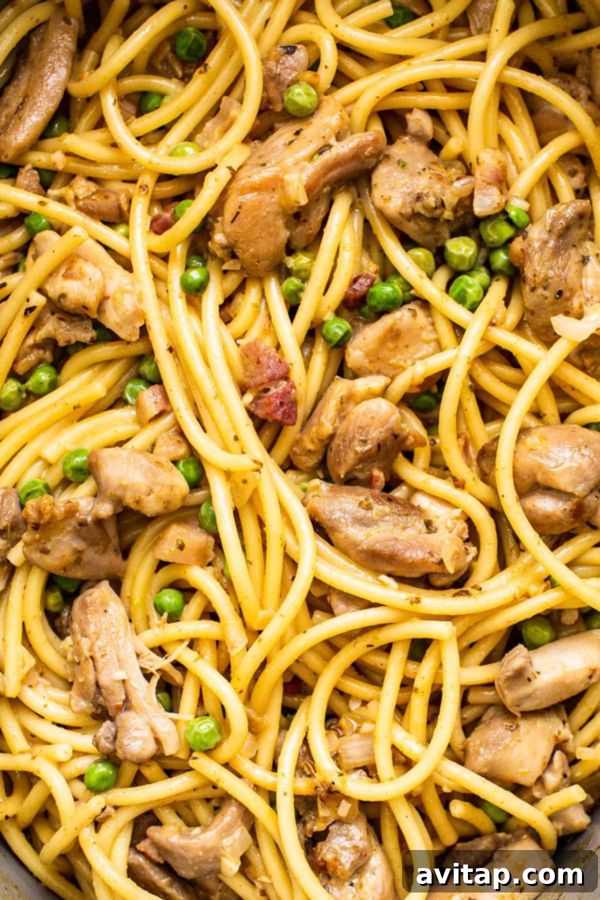 Close-up view of creamy chicken carbonara pasta, garnished with fresh herbs.