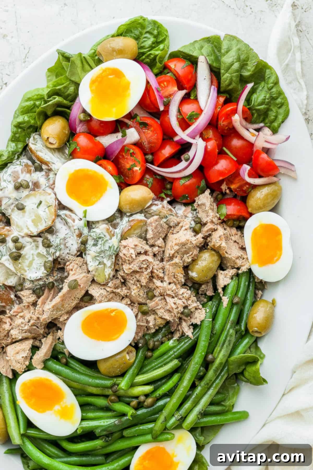 A full Nicoise salad arranged on a large serving platter, ready to be enjoyed.