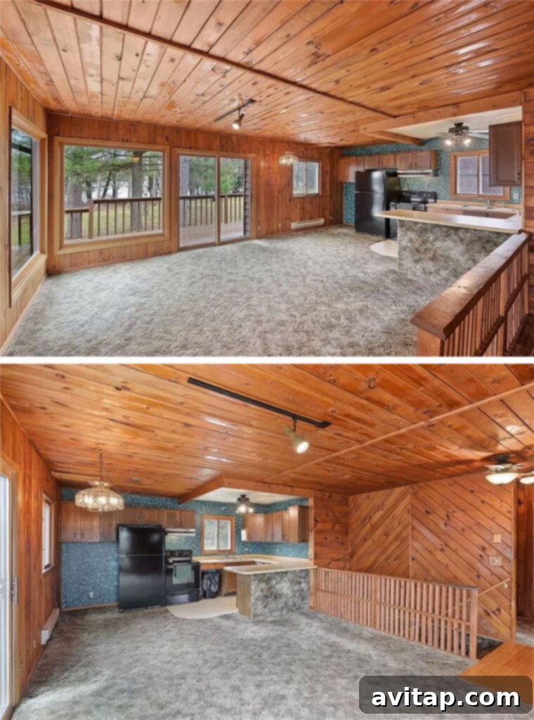 Before photo of a dated cabin kitchen with carpeted floors and old cabinetry, awaiting a Scandinavian Modern transformation.