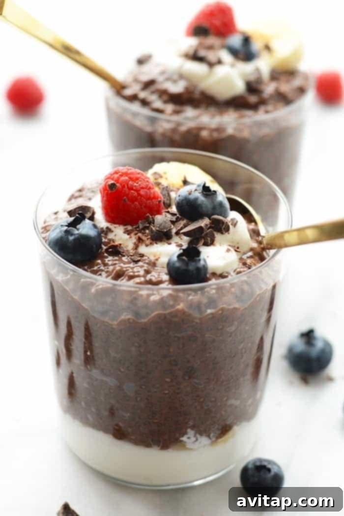 Chocolate chia seed pudding in a cup, ready to eat