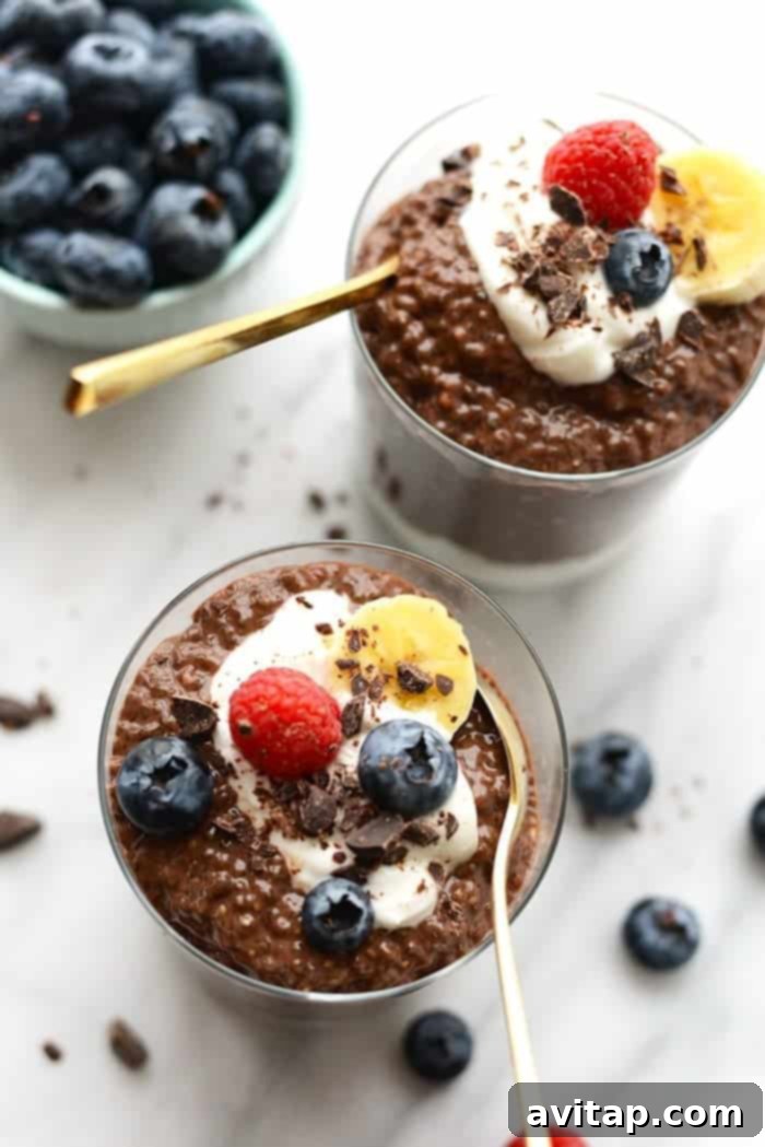 Close-up of chocolate chia seed pudding in a glass cup