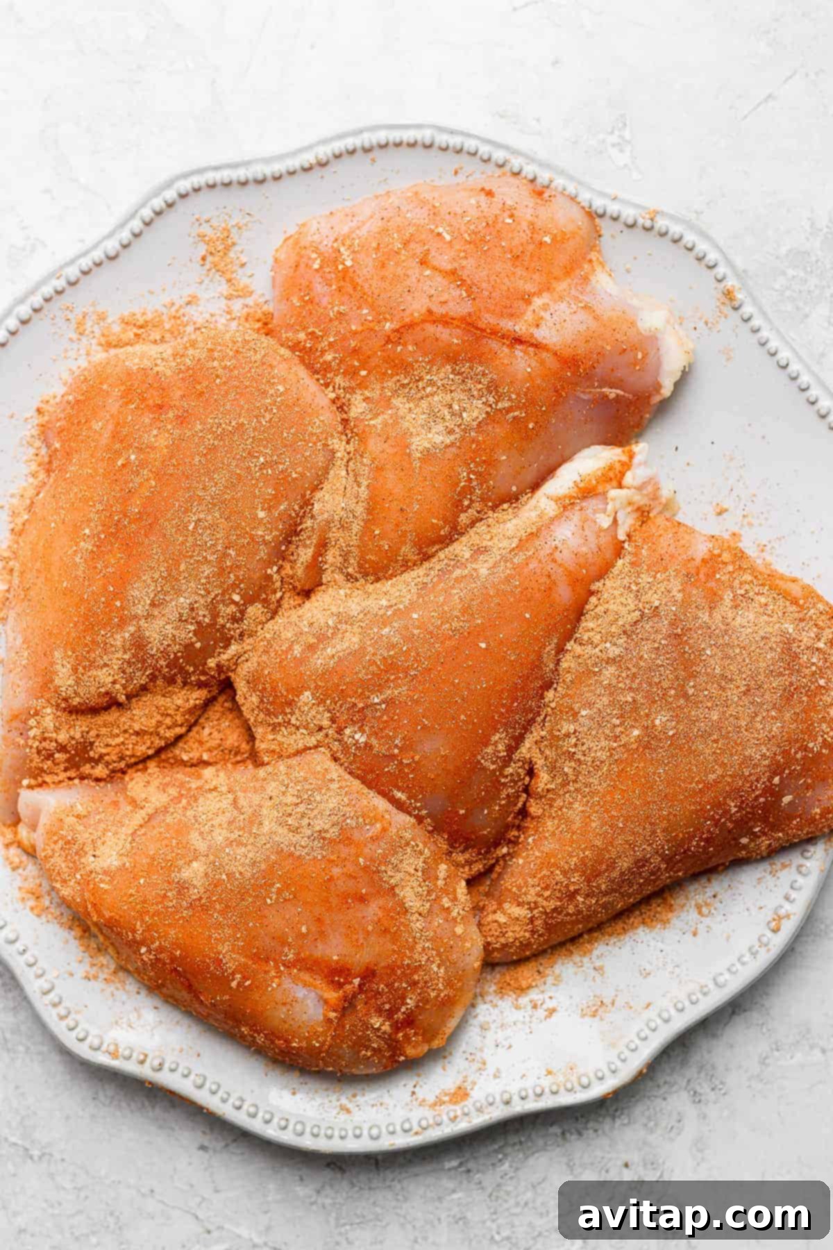 Chicken breast seasoned generously with taco seasoning, ready for slow cooking.
