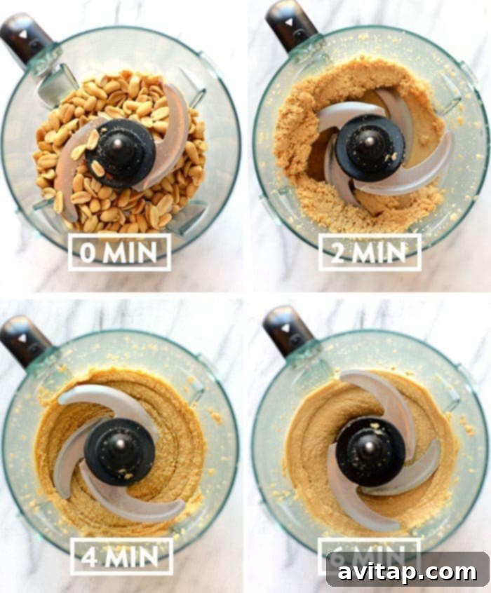 Homemade peanut butter being processed in a food processor