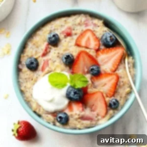 Strawberry overnight oats in a bowl, ready to serve.