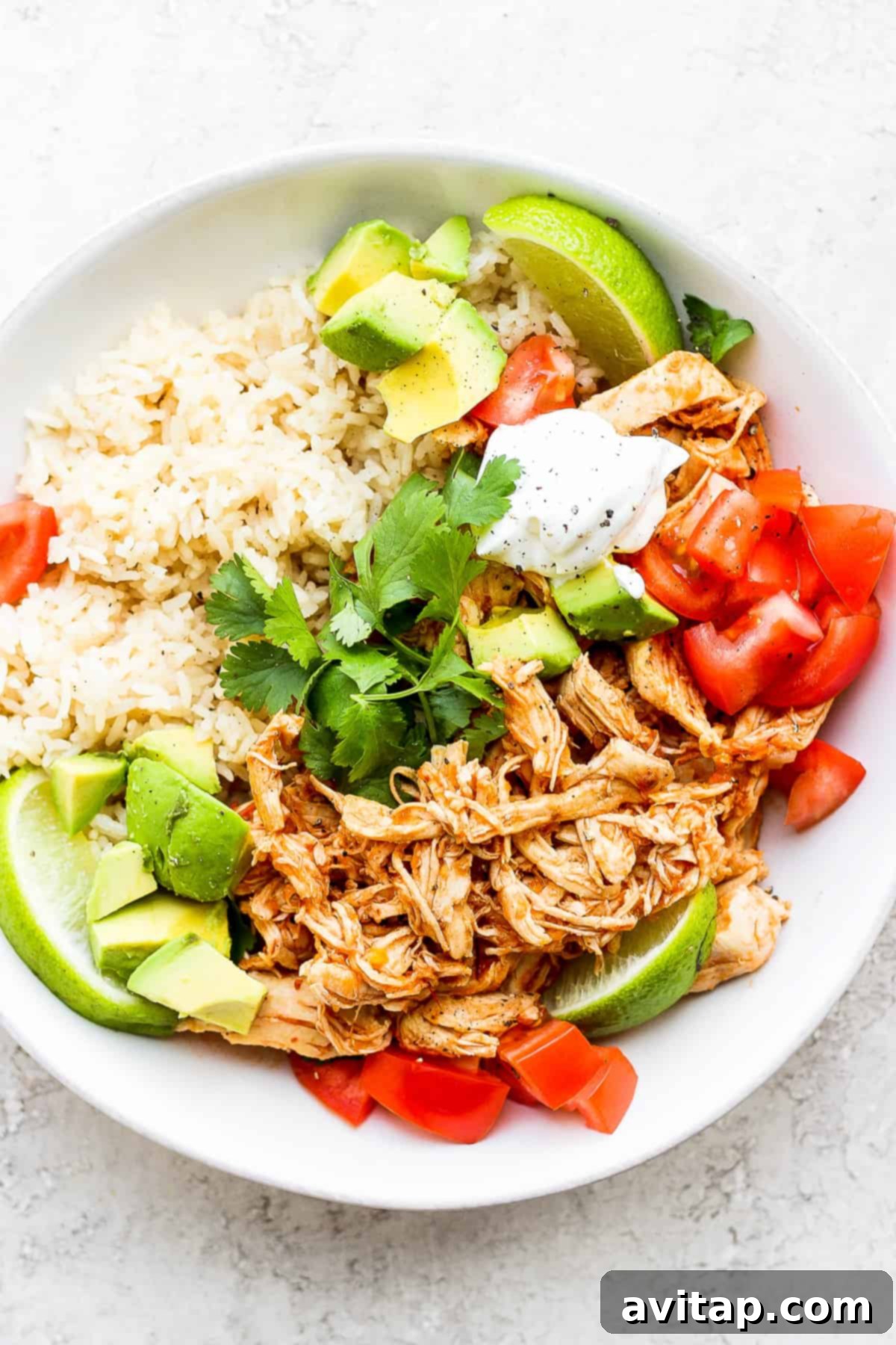 A vibrant bowl of Chicken Tinga, ready to be served, showcasing the rich red adobo sauce and tender shredded chicken.