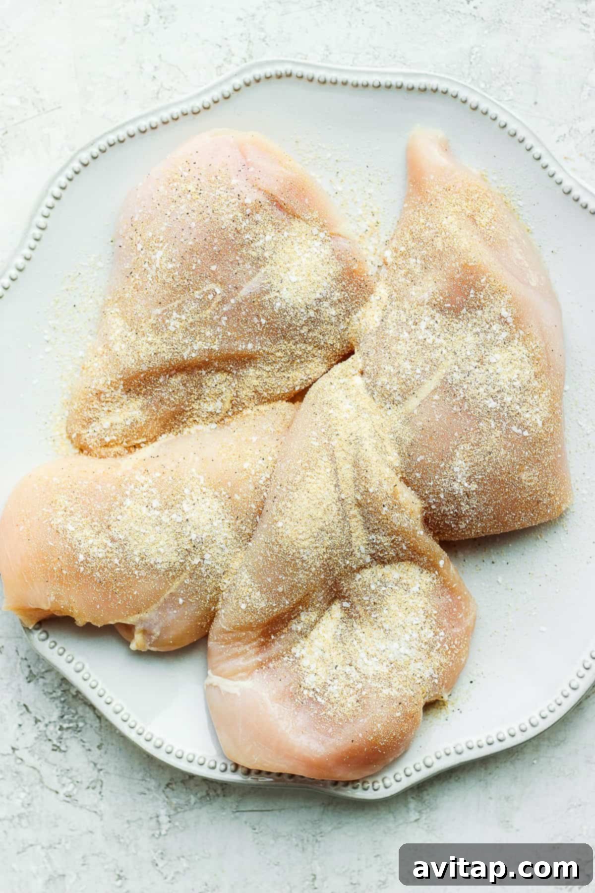 Chicken breasts seasoned with spices before cooking.