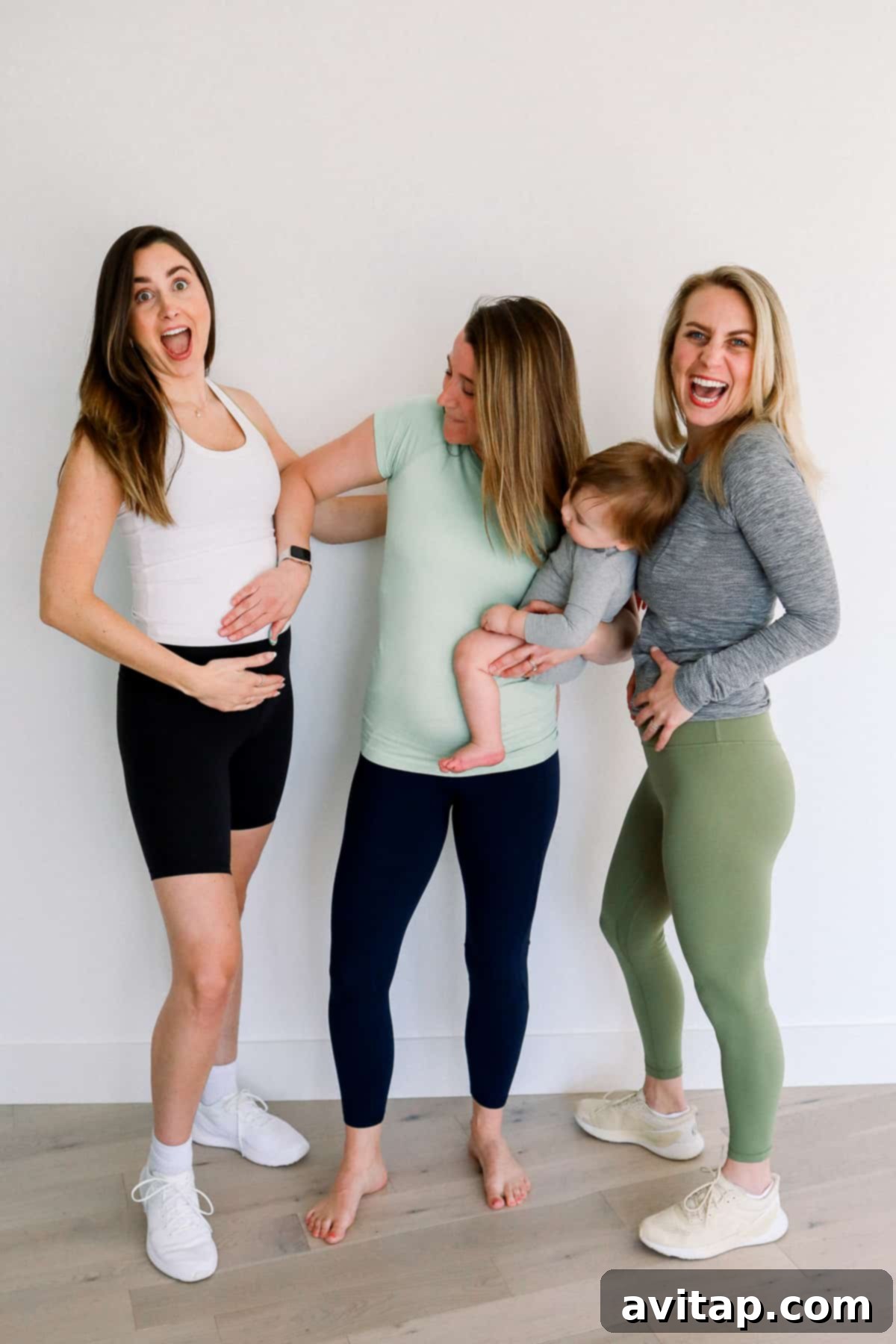 Essential Lululemon Maternity and Postpartum Outfits Pregnant women smiling, dressed in comfortable Lululemon maternity activewear, showcasing various tops, bottoms, and bras.