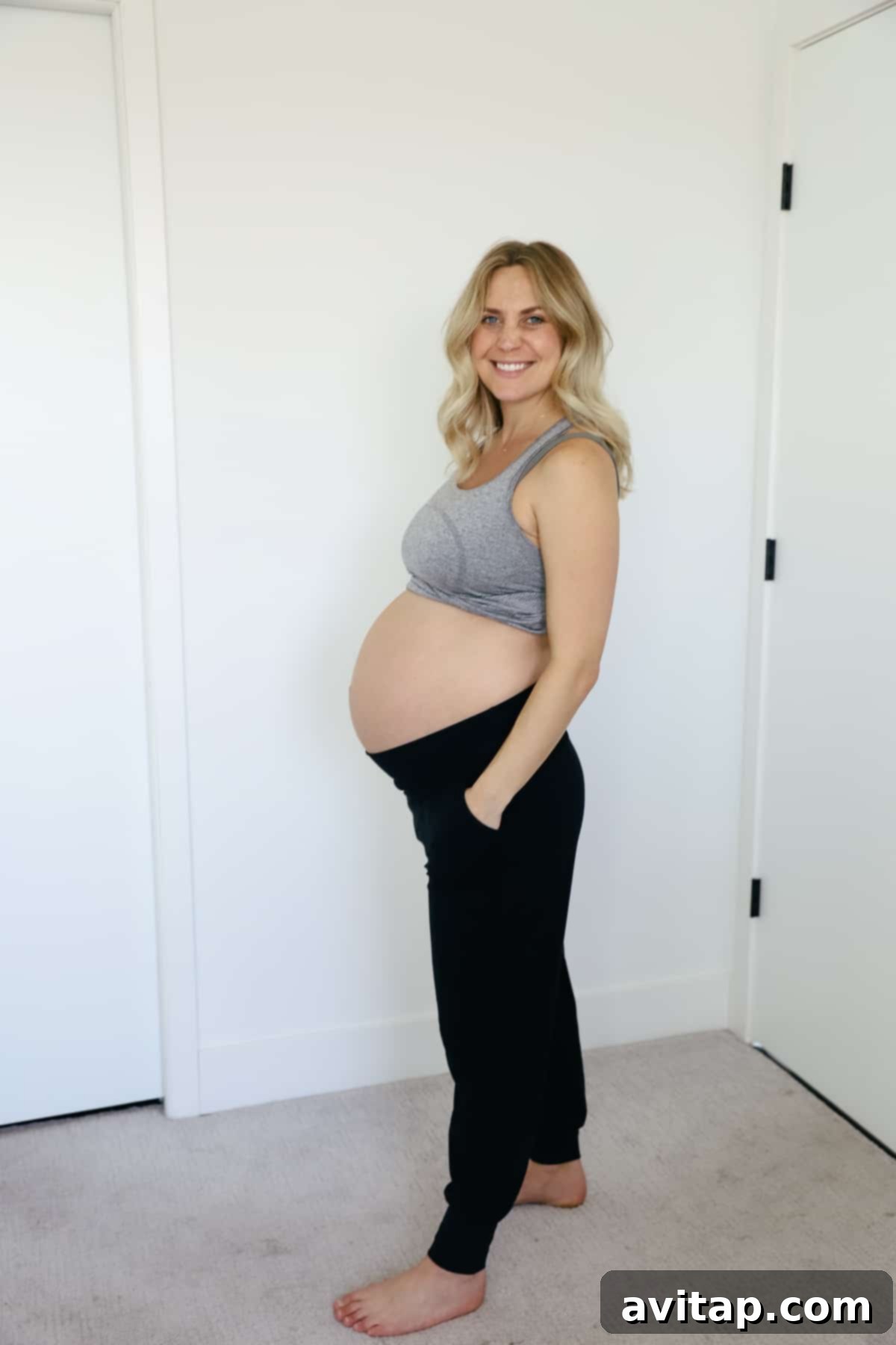 Lululemon Maternity Postpartum Favorites 6 Woman casually posing in Lululemon Align Super High-Rise Ribbed Waist Joggers, emphasizing their comfortable fit.