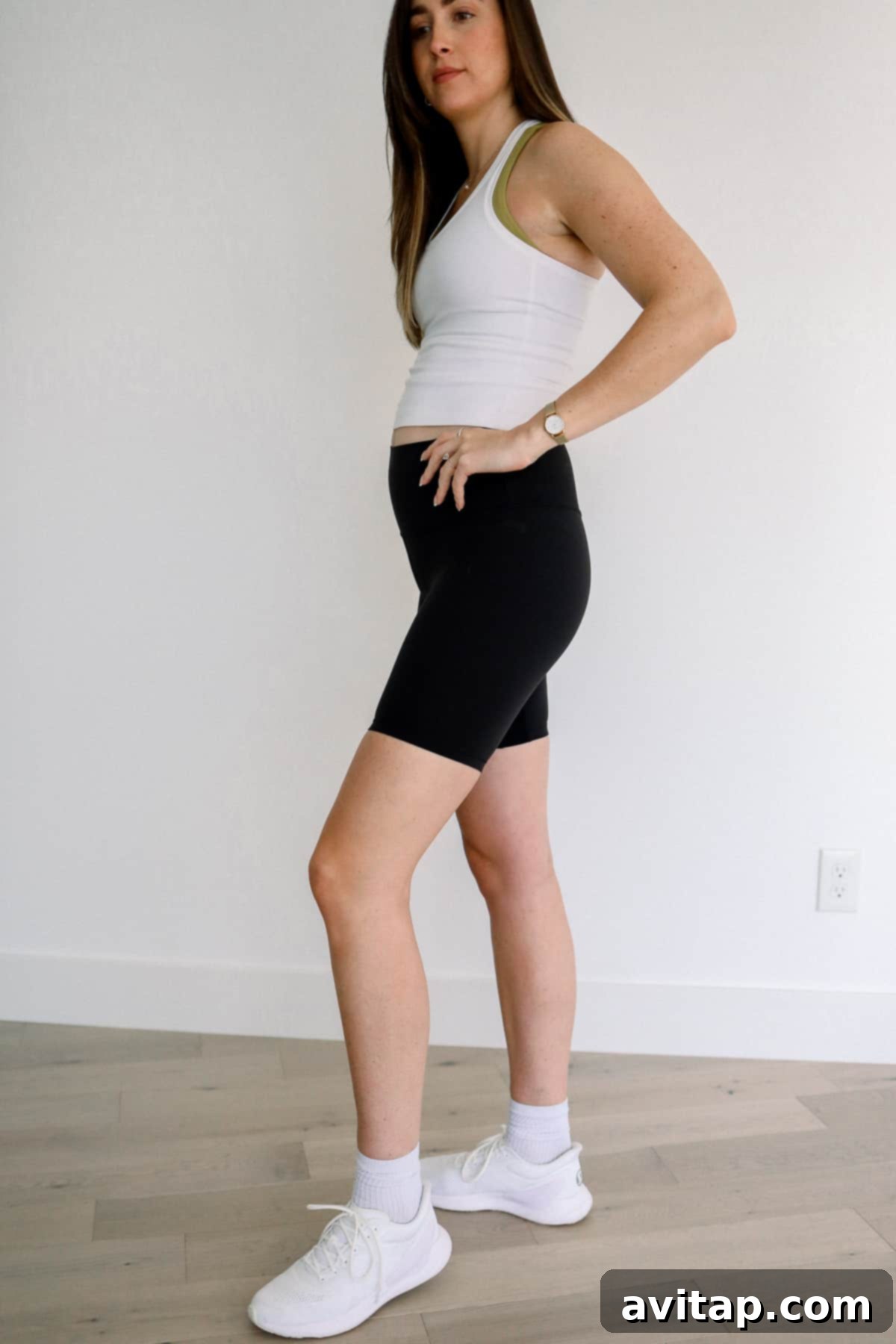 Lululemon Align Shorts for Pregnancy Woman wearing Lululemon Align shorts, showcasing their soft fabric and comfortable fit.