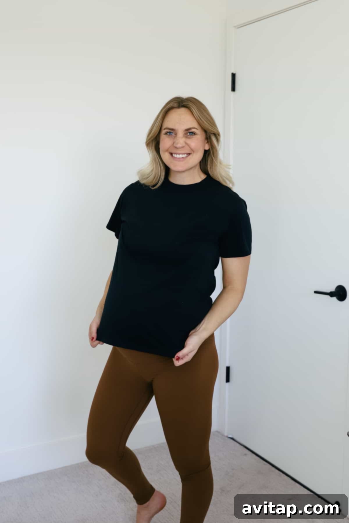 Lululemon Maternity Postpartum Favorites 3 Woman wearing a comfortable Lululemon All Yours Cotton T-Shirt, a versatile top for daily wear.