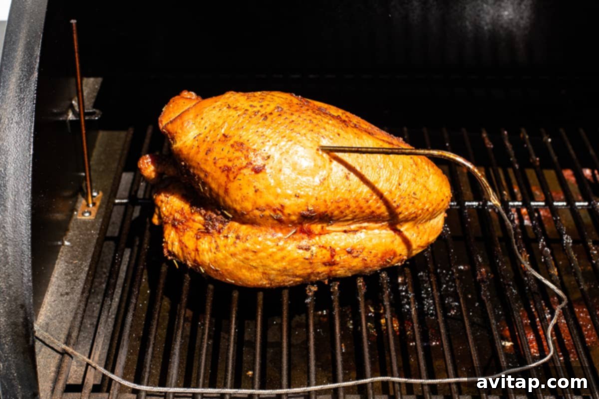 A beautiful bone-in turkey breast proudly sitting on the smoker grates, gently absorbing the rich smoky flavors. 