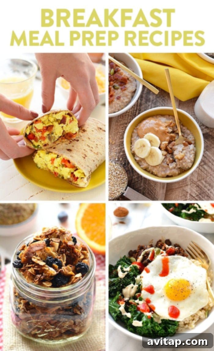 A vibrant selection of healthy meal prep breakfast ideas, including savory burritos, comforting maple cinnamon oatmeal, homemade blueberry orange granola, and hearty black bean bowls for a nutritious start to any day.