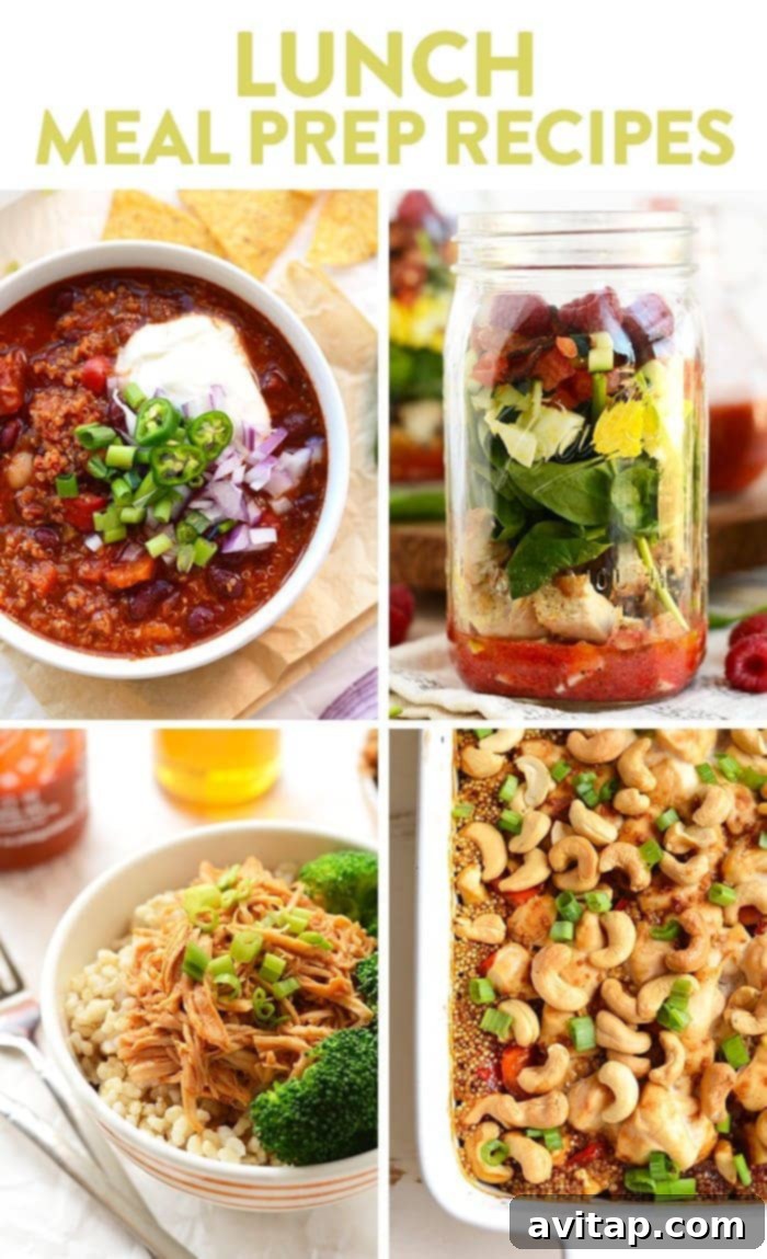 A vibrant selection of delicious and easy meal prep lunch recipes, including hearty roasted red pepper quinoa chili, fresh layered mason jar salads, flavorful honey sriracha crock-pot chicken, and a comforting cashew chicken quinoa bake, perfect for a productive week.