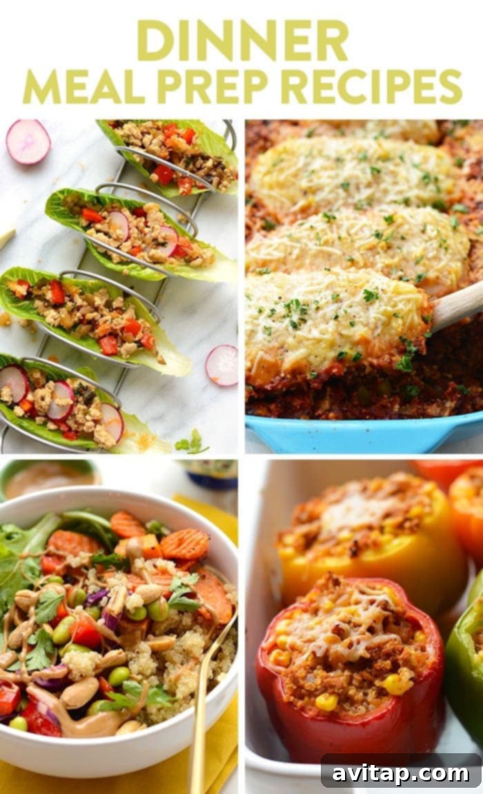 Wholesome and convenient healthy meal prep dinner recipes including vibrant Thai chicken lettuce wraps, a hearty chicken parmesan quinoa bake, aromatic Thai coconut quinoa bowls, and satisfying Mexican stuffed peppers, perfect for busy evenings.