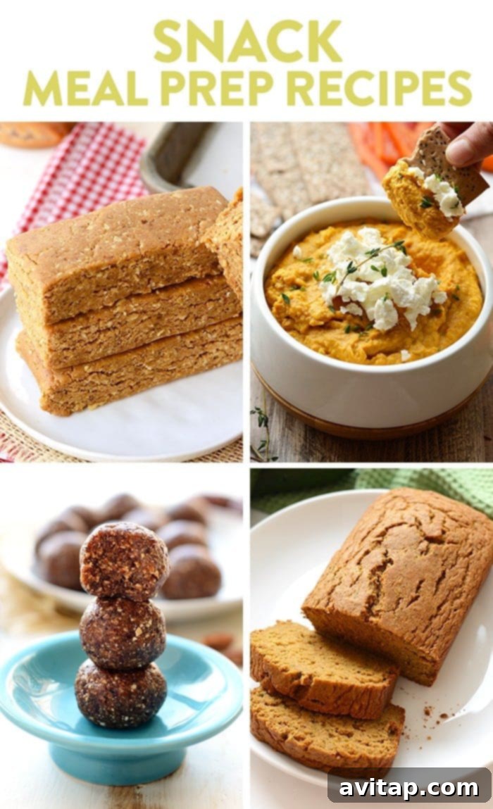 A selection of healthy meal prep snack recipes, including homemade peanut butter protein bars, creamy sweet potato hummus, delicious cherry pie energy balls, and moist coconut oil zucchini bread, perfect for beating midday hunger.