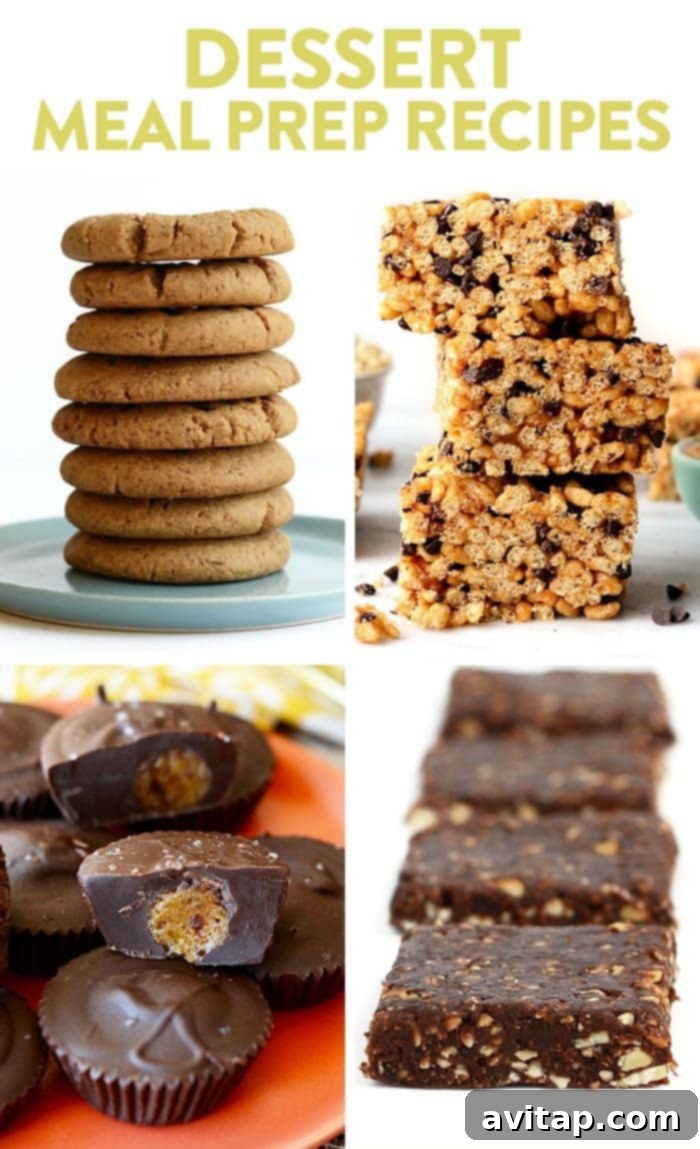 A delightful array of delicious and healthy meal prep dessert recipes, featuring grain-free protein peanut butter cookies, almond butter rice crispy treats, healthy salted caramel cups, and easy no-bake brownies for guilt-free indulgence.