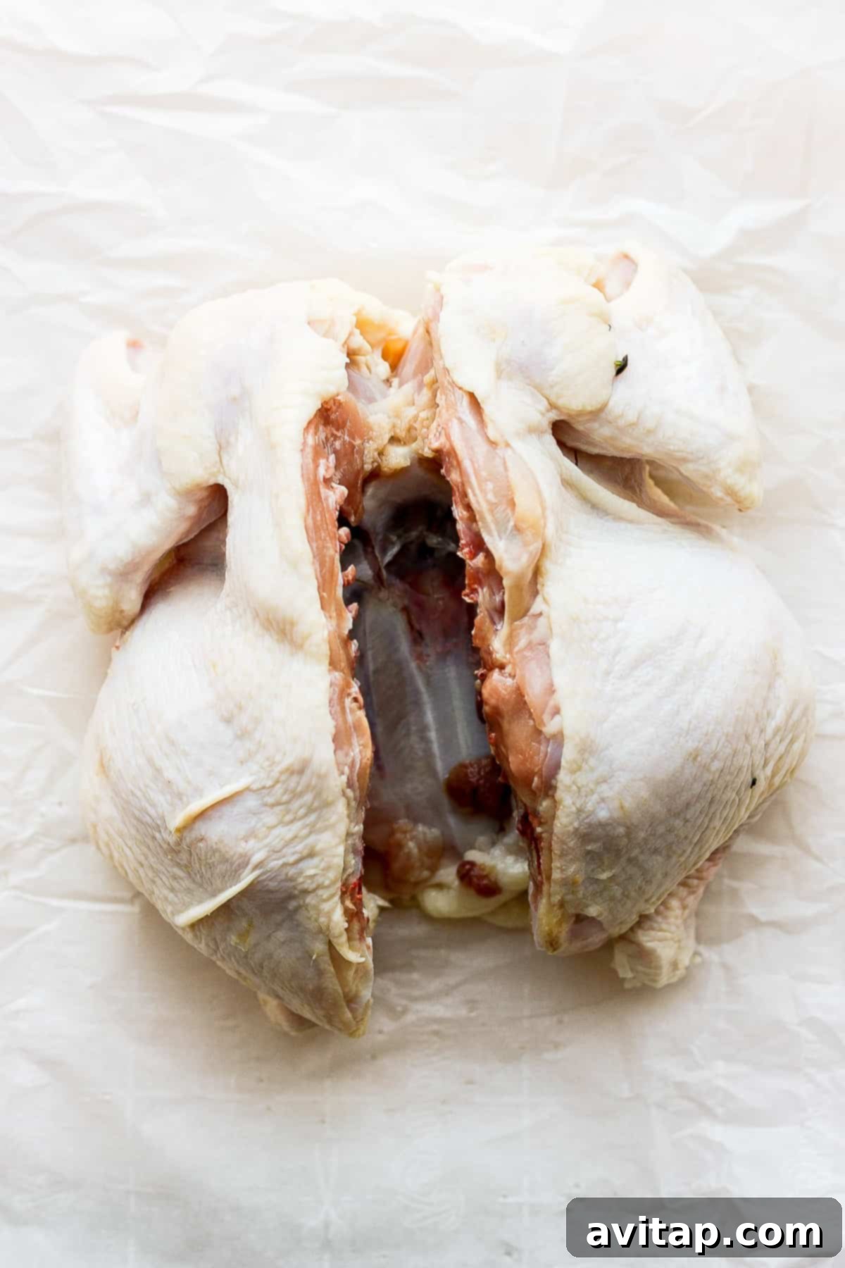 Spine cut out of chicken. The backbone has been expertly cut out of a whole chicken, showcasing the spatchcocking technique.