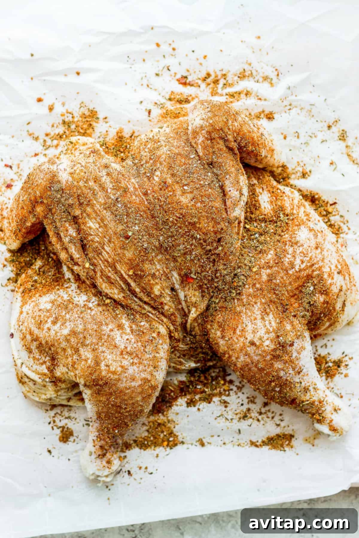 Whole chicken rubbed with spices. A whole chicken meticulously rubbed with a blend of aromatic spices, glistening with olive oil, ready for the grill.