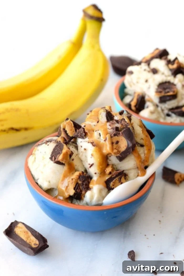 A close-up of a spoon digging into a rich, creamy bowl of Peanut Butter Cup Banana Nice Cream, showcasing its smooth texture and delightful additions.