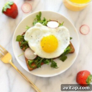 A vibrant Egg and Arugula Toast breakfast sandwich with a fried egg and radishes.