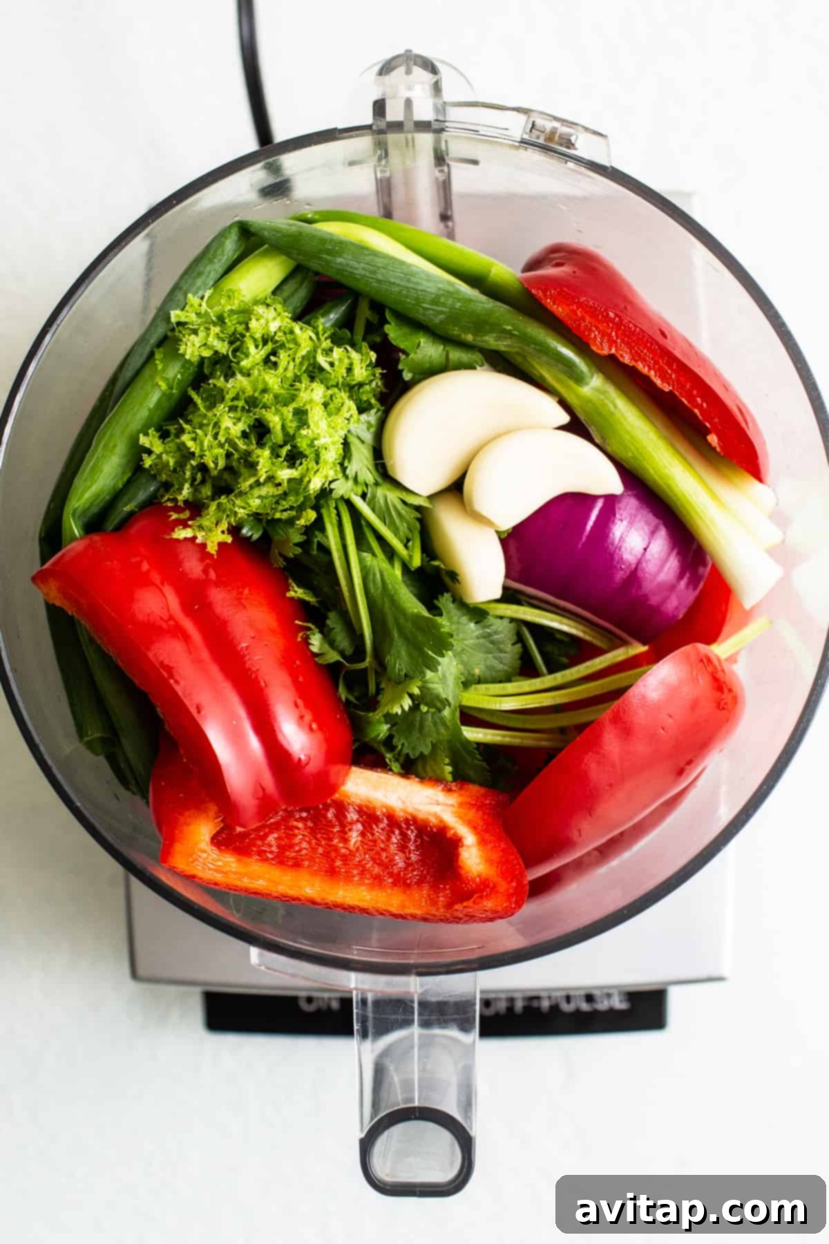Freshly chopped vegetables, including tomatoes, onions, and cilantro, in a food processor, ready to be blended into homemade salsa.