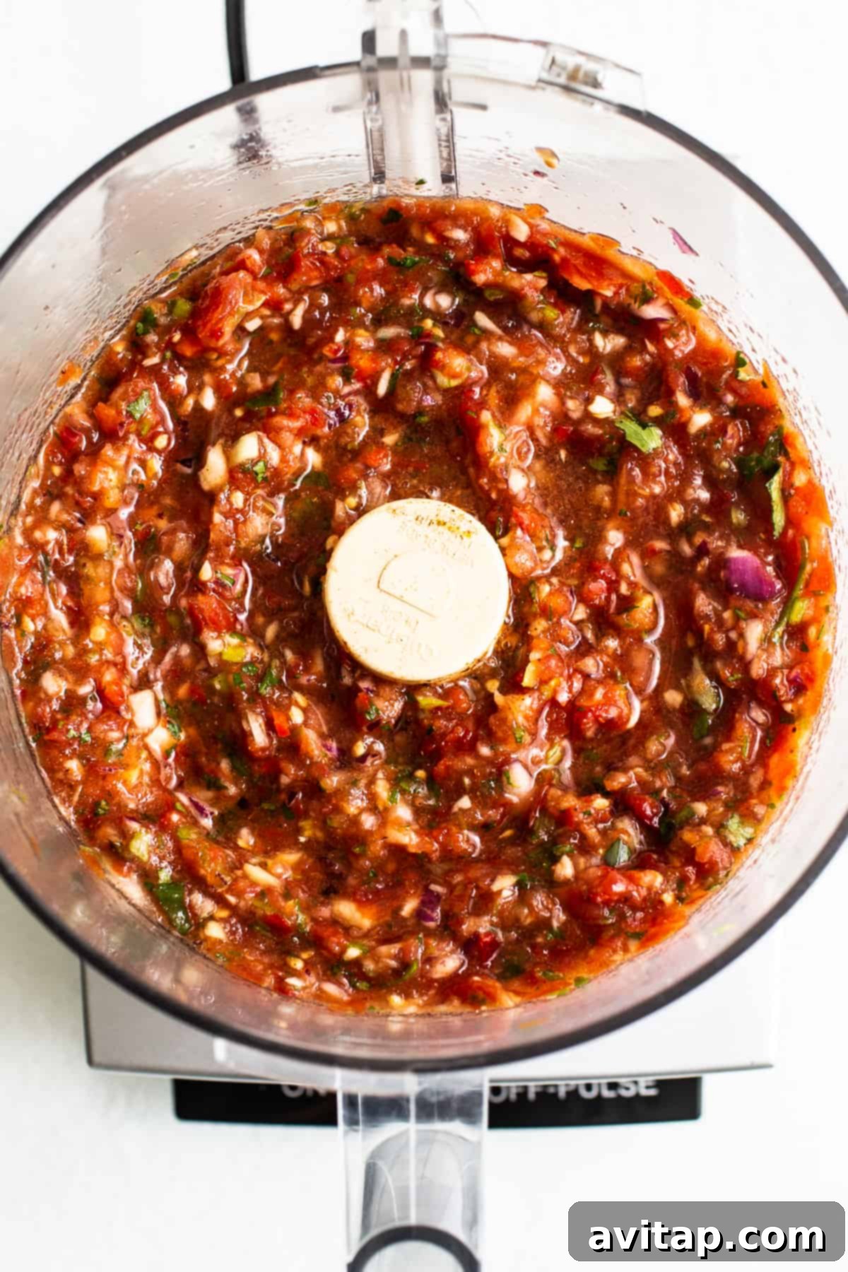 A food processor filled with blended homemade salsa, showcasing its vibrant texture and color.