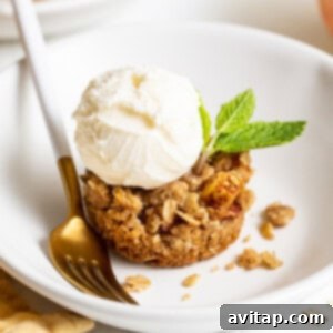 Mini apple crisp in a bowl, a single serving of a classic fall dessert.