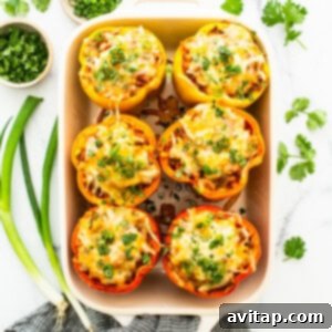 Stuffed peppers in a casserole dish.