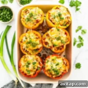 Stuffed peppers in a casserole dish.